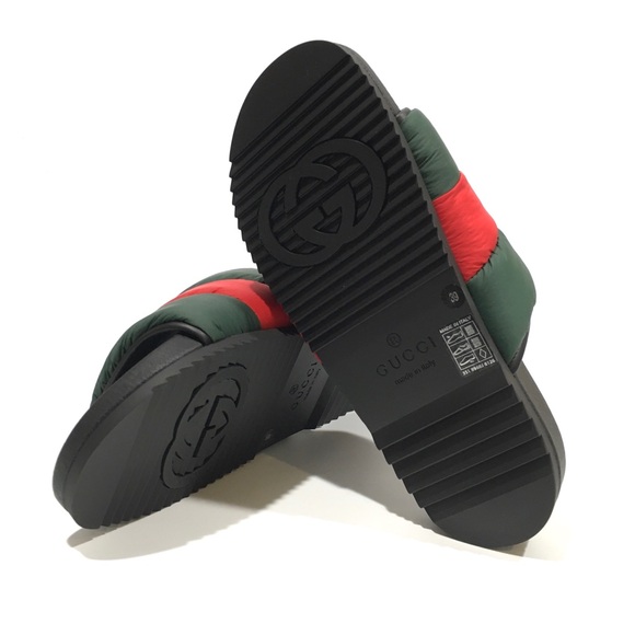 GUCCI PADDED WEB SLIDE SANDALS -GREEN / RED PUFFER NYLON -WOMEN’S US 9 -NEW - Picture 7 of 7